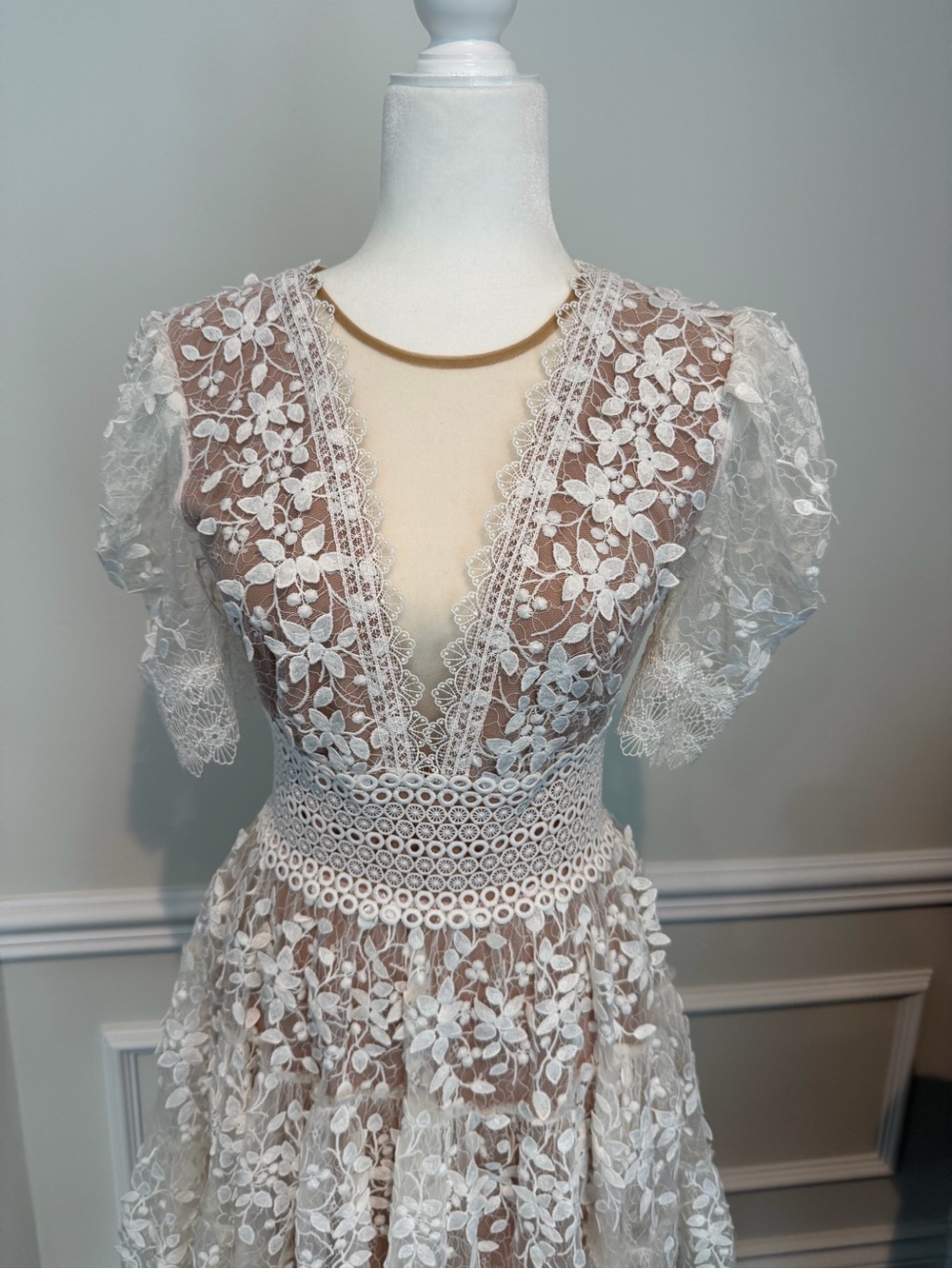 Bronx and Banco White Floral Lace Deep V Mini Dress - Picture 2 of 7